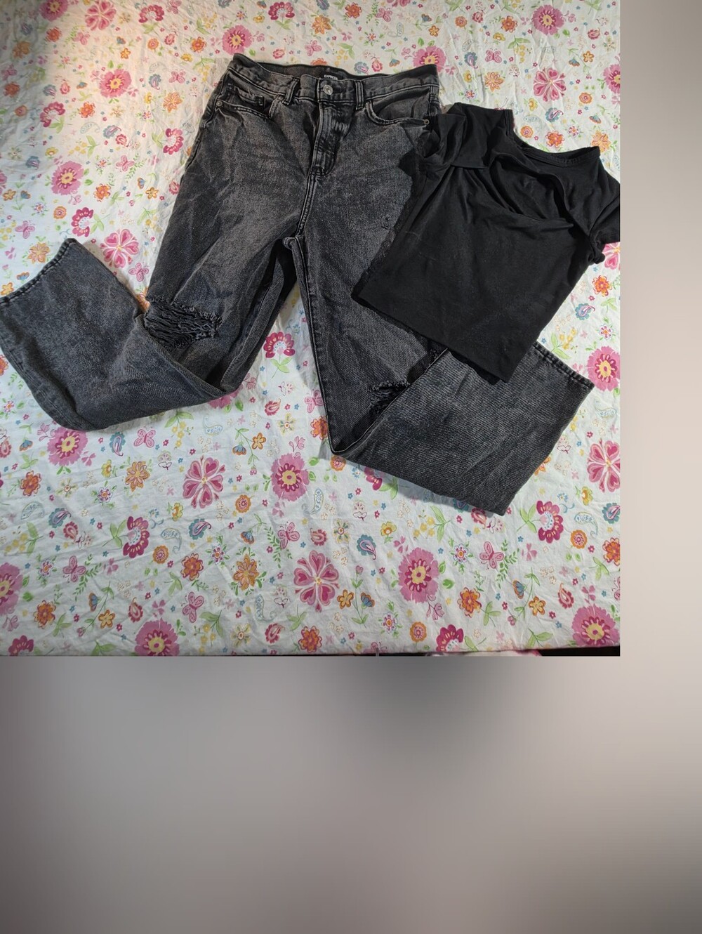 Y2K Grunge Denim & Tee Bundle: Black Acid Wash Straight Jeans  & Black Crop Top